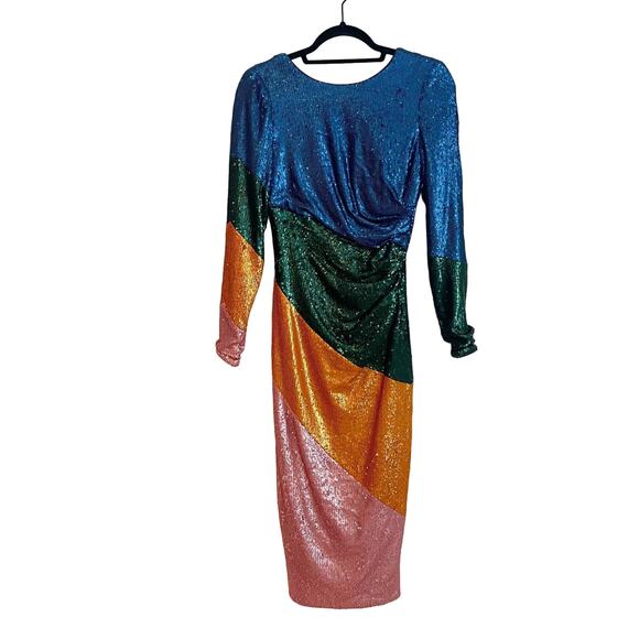 Dress the Population Sequin Color Block Long Sleeve Midi Sheath Dress XS NWOT - Picture 3 of 9